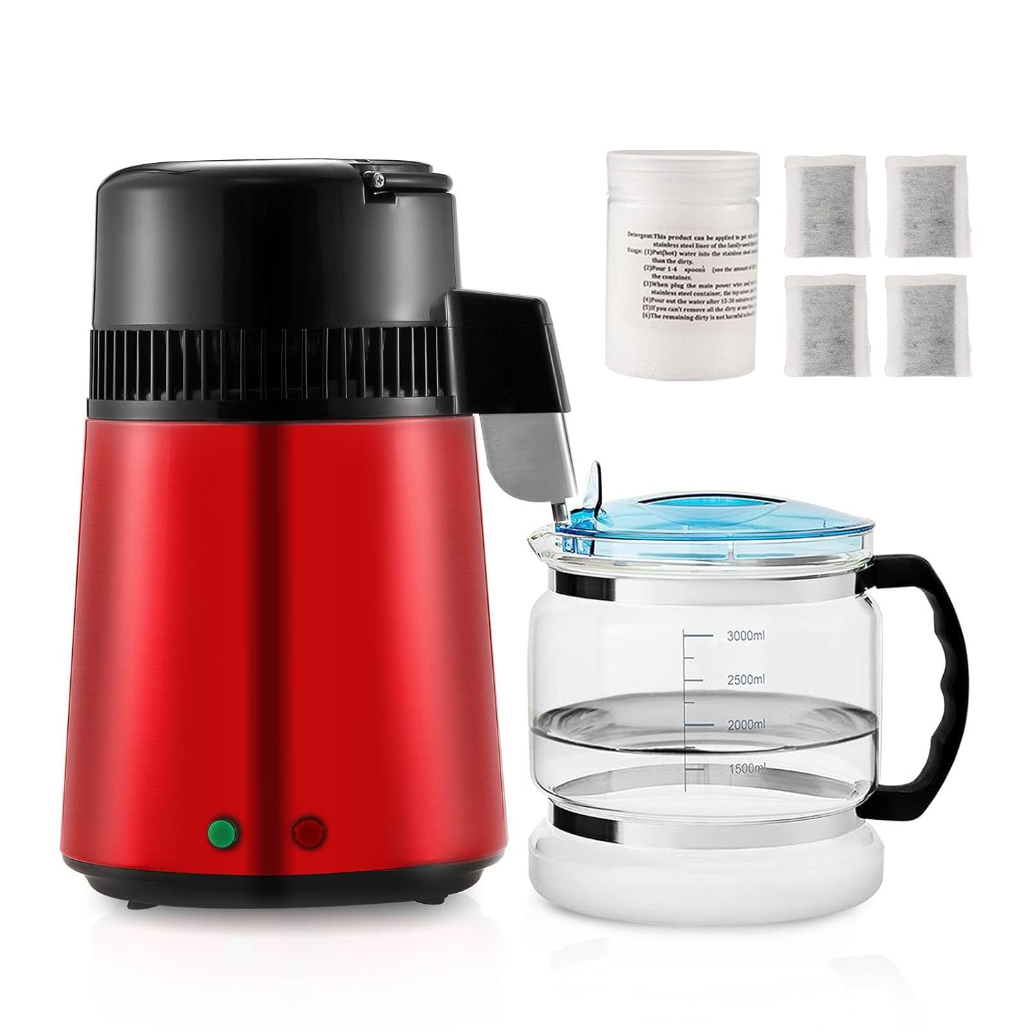 4L 1.05 Gallon Water Distiller Pure Water Purifier Filter for Home Countertop, 750W Distilled Water Maker, Stainless Steel Interior Machine to Make Clean Water, Red