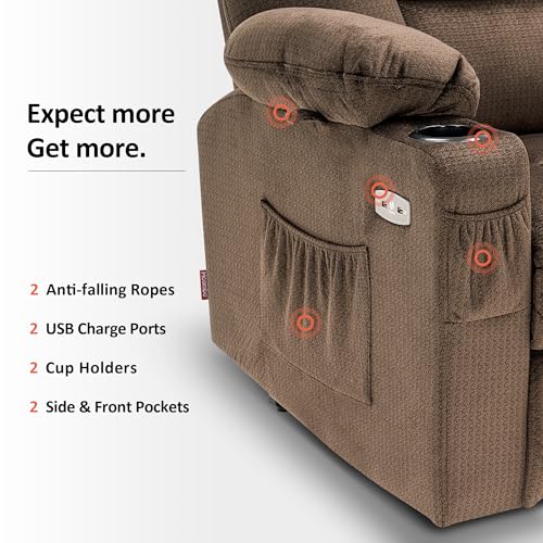 MCombo Small Power Lift Recliner Chair with Massage and Heat for Petite People, Cup Holders, USB Ports, Side Pockets, Fabric 7569 (Small-Regular, Brown)