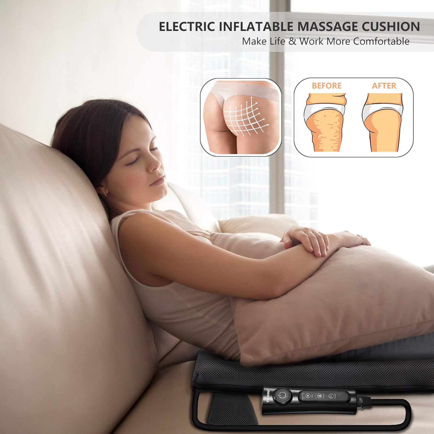 FIT KING Inflatable Air Seat Cushion with Rechargeable Controller for Desk Chair and Car Seat, Adjustable Pressure Relief Wheelchair Cushion with Massage Function, Relieve Pressure Sore, Sciatica
