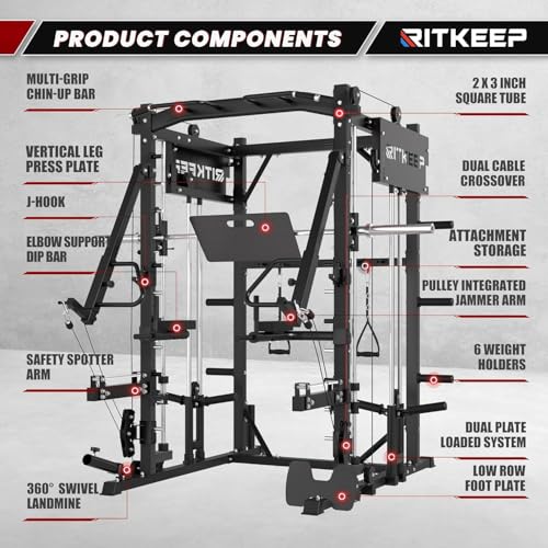Smith Machine with Jammer Arms & Leg Press with Adjustable Dual Pulley Ratio (1:1 & 2:1), PMAX-4750 All-in-One Commercial & Home Gym Equipment, Heavy-Duty Steel Frame by RitKeep
