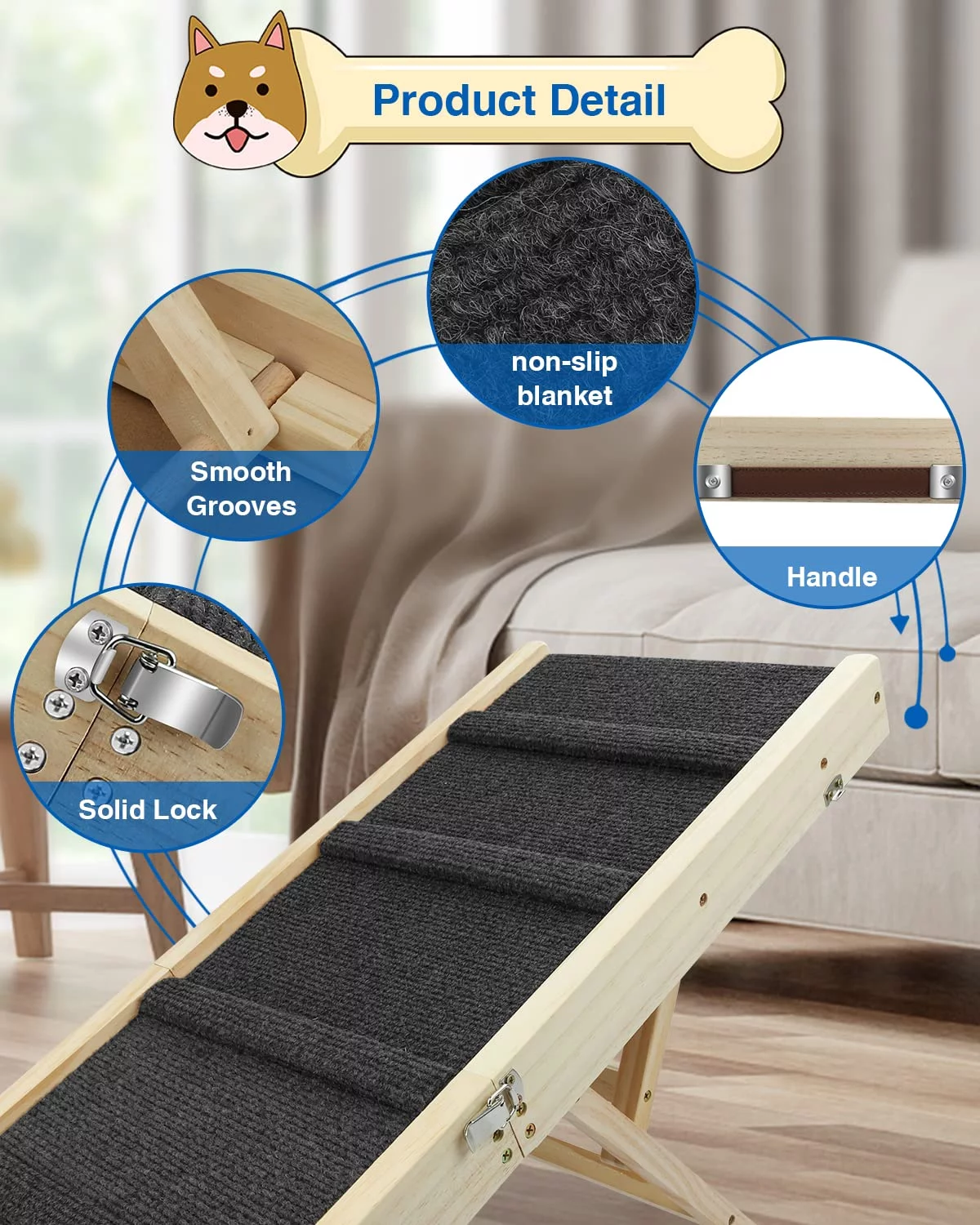 TNELTUEB Adjustable Dog Ramp, Wooden Folding Portable Pet Ramp,Rated for 30 LBS, 32.6" Long and Adjustable from 10" to 19" with Non-Slip Traction Mat, Cat Ramps for Car, Bed, Couch (Grey) - Curated Treasures Market