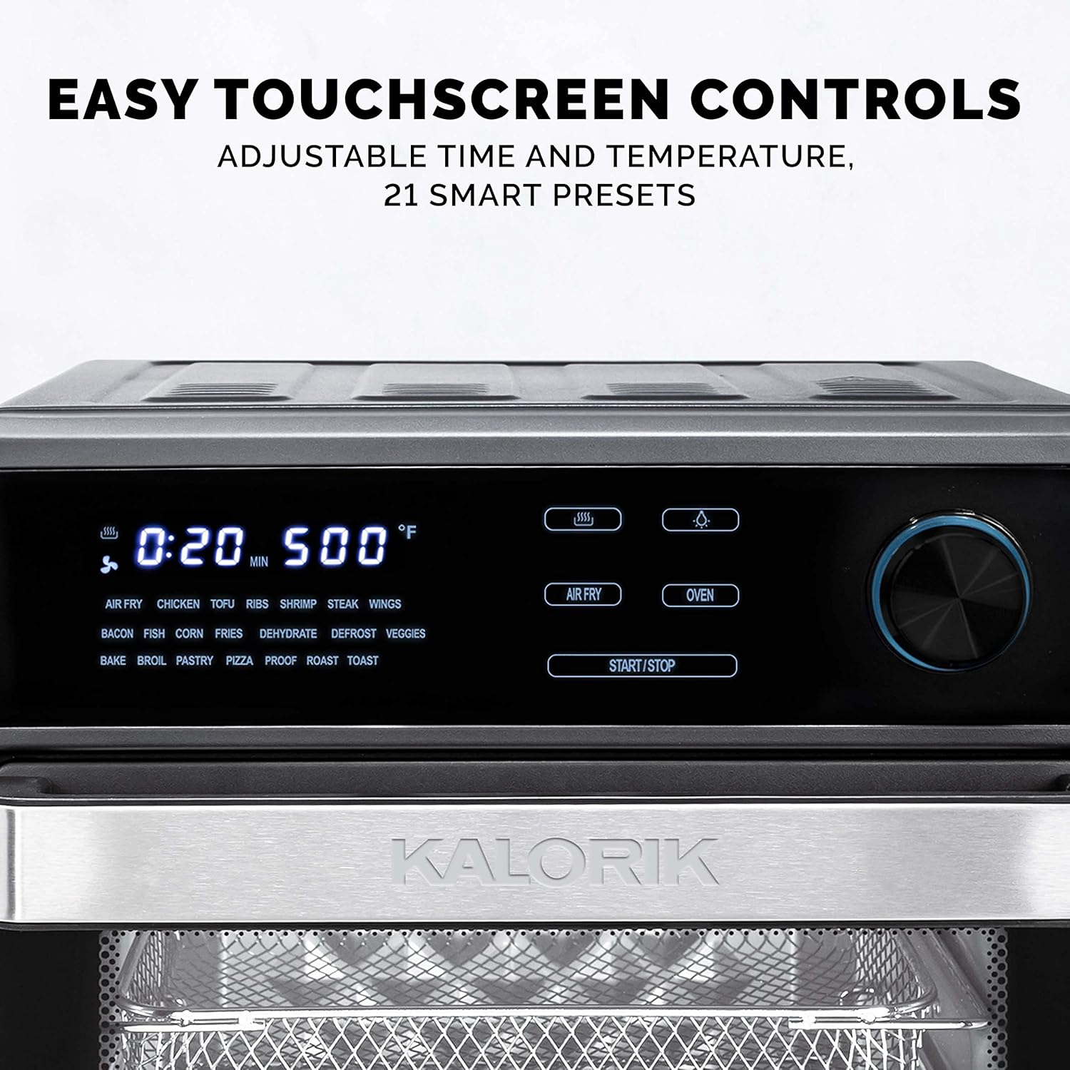 Kalorik MAXX® Touch 16 Quart Air Fryer Oven, 9-in-1 Air Fryer Toaster Oven Combo, 21 presets, 500°F, 5 Accessories, Recipe Book, 1600W, Black Stainless Steel, AFO 47804 BK