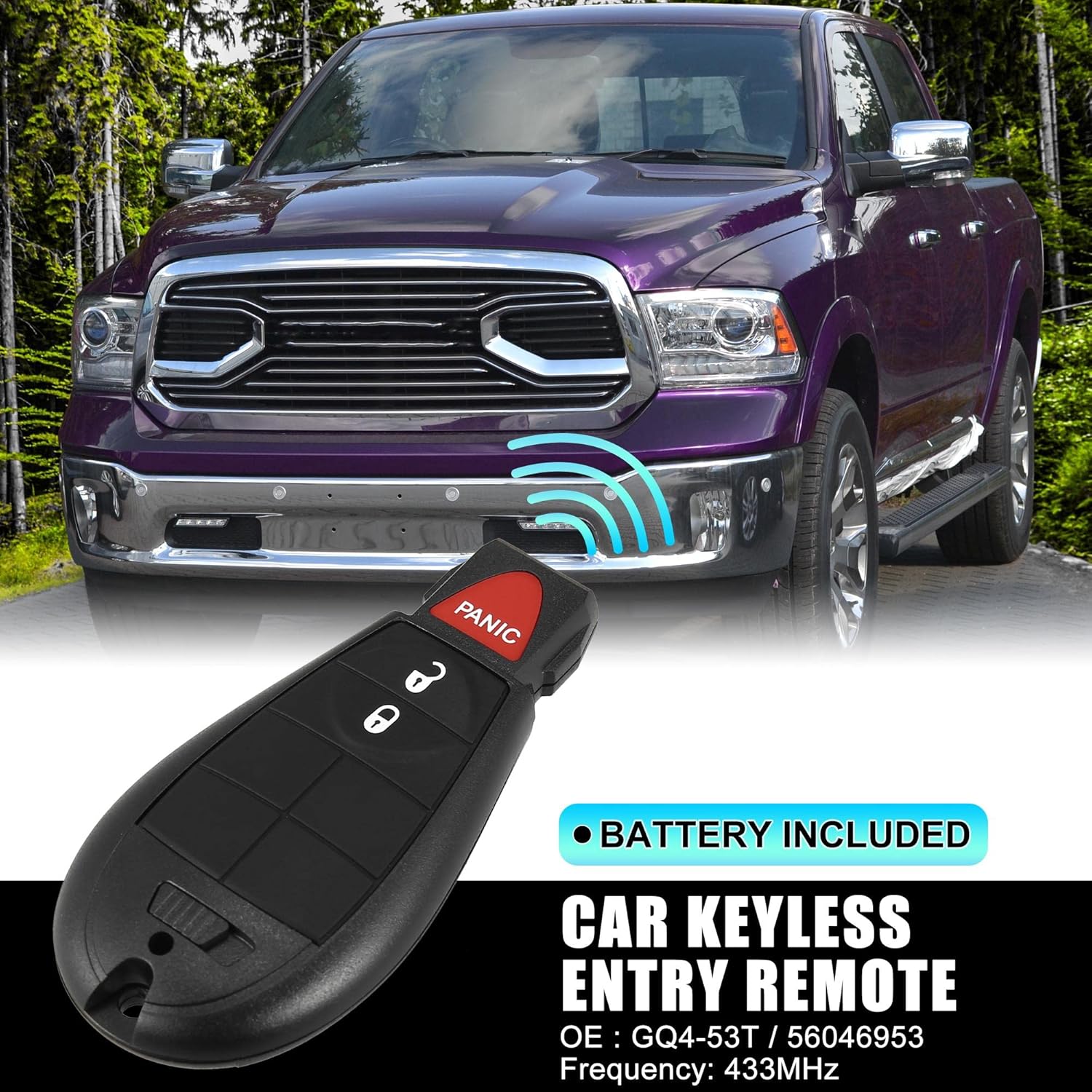 X AUTOHAUX Replacement Keyless Entry Remote Car Key Fob GQ4-53T 433Mhz for Dodge for Ram 1500 2500 3500 2013-2018 3 Buttons with Door Key 56046953