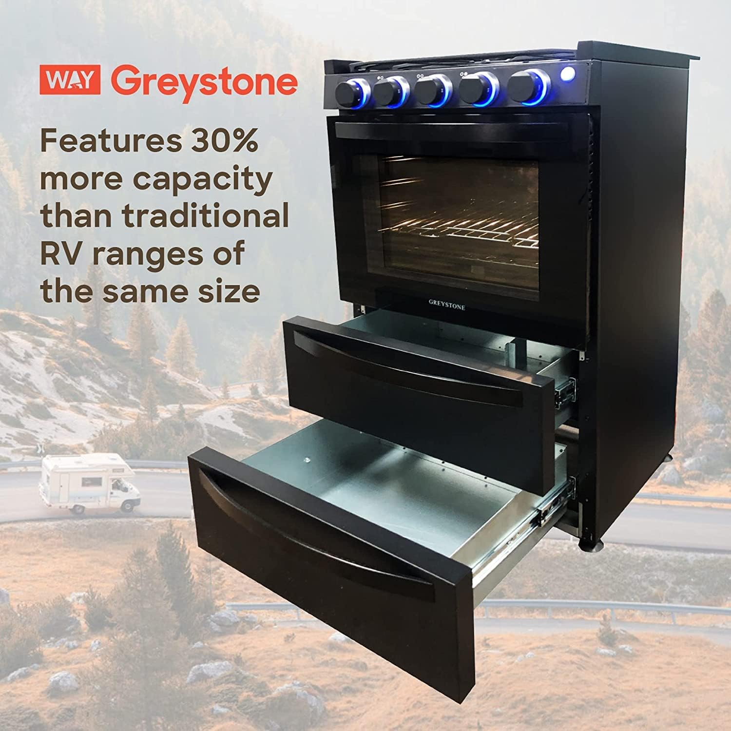 Way Interglobal Greystone, 12 Volt RV Gas Range and Cooktop, Stove and Oven Combo, 21 Inch, LP Gas, Black