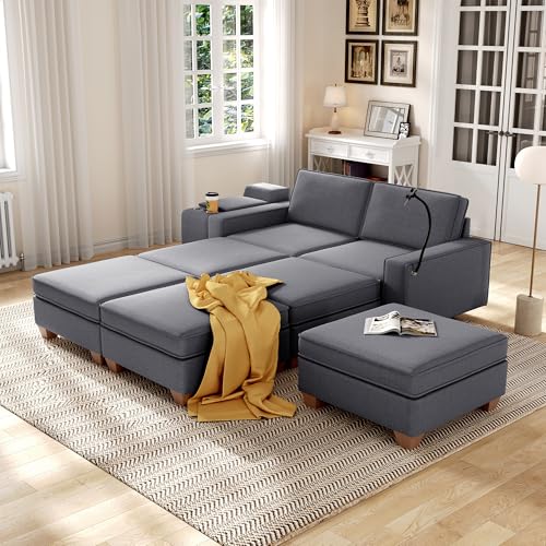 Modular Sectional Sofa, Convertible U Shaped Sofa Couch with Central Console & USB Ports, 7 Seat Modular Sectionals Couch with Chaise and Storage for Living Room, Light Grey