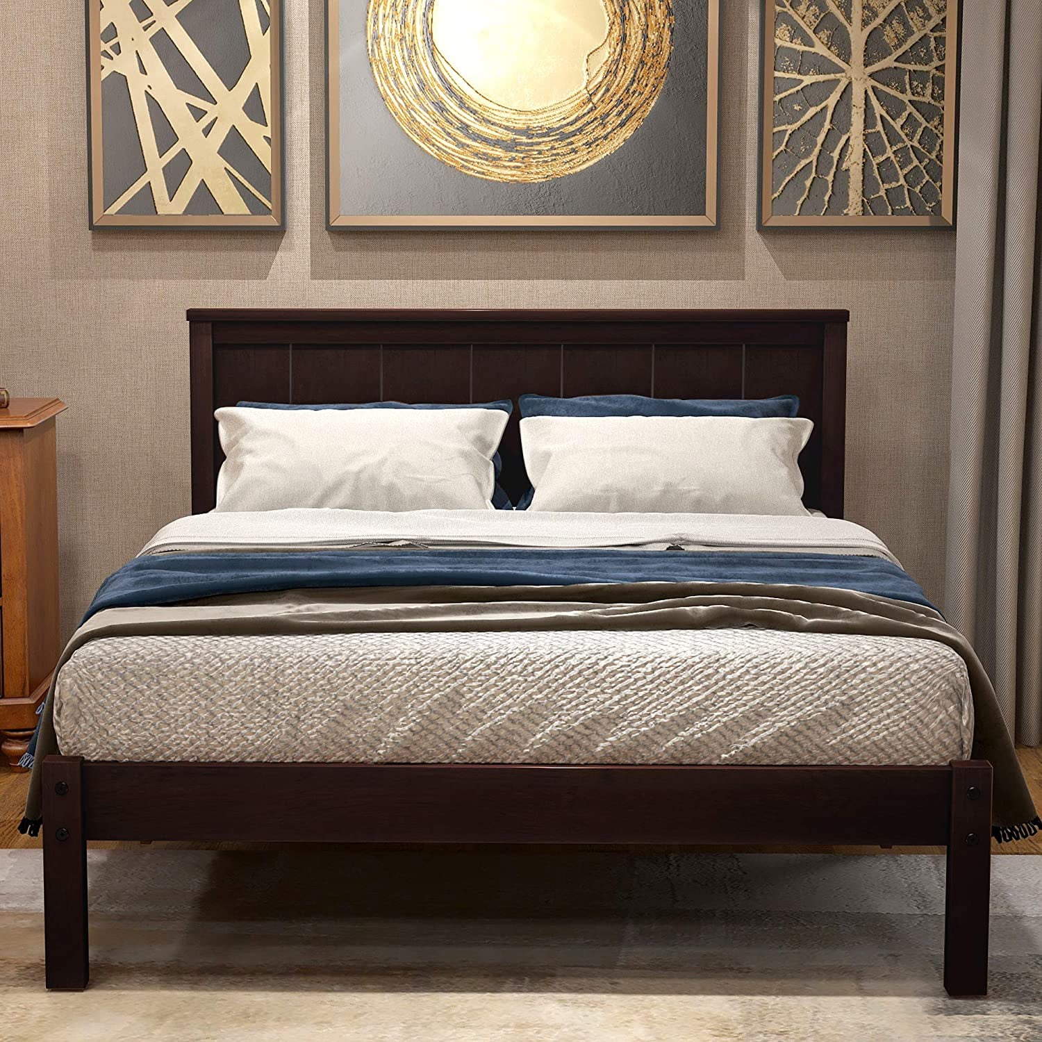 Full Size Solid Wood Platform Bed Frame with Headboard and Wooden Slat Support, No Box Spring Needed, Mattress Foundation, Easy Assembly, Espresso