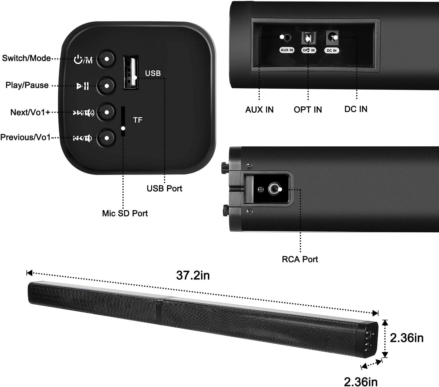 Sound Bars for TV, 2 in 1 Home Theater Surround Sound System soundbar Speaker with 4 Driver Speakers,Remote Control,Wall Mountable,Optical/RCA/AUX/USB/Micro SD Connection Pack of 2