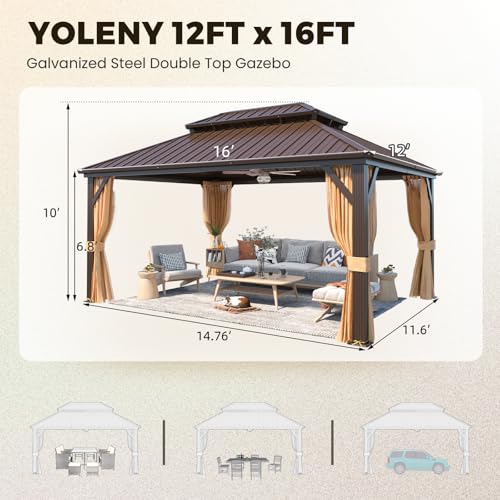 YOLENY 10' x 12' Hardtop Gazebo, Wood-Looking Gazebo with Galvanized Steel Double Roof, Aluminum Frame, Permanent Metal Pavilion with Netting and Curtains for Deck, Backyard, Patio and Lawns