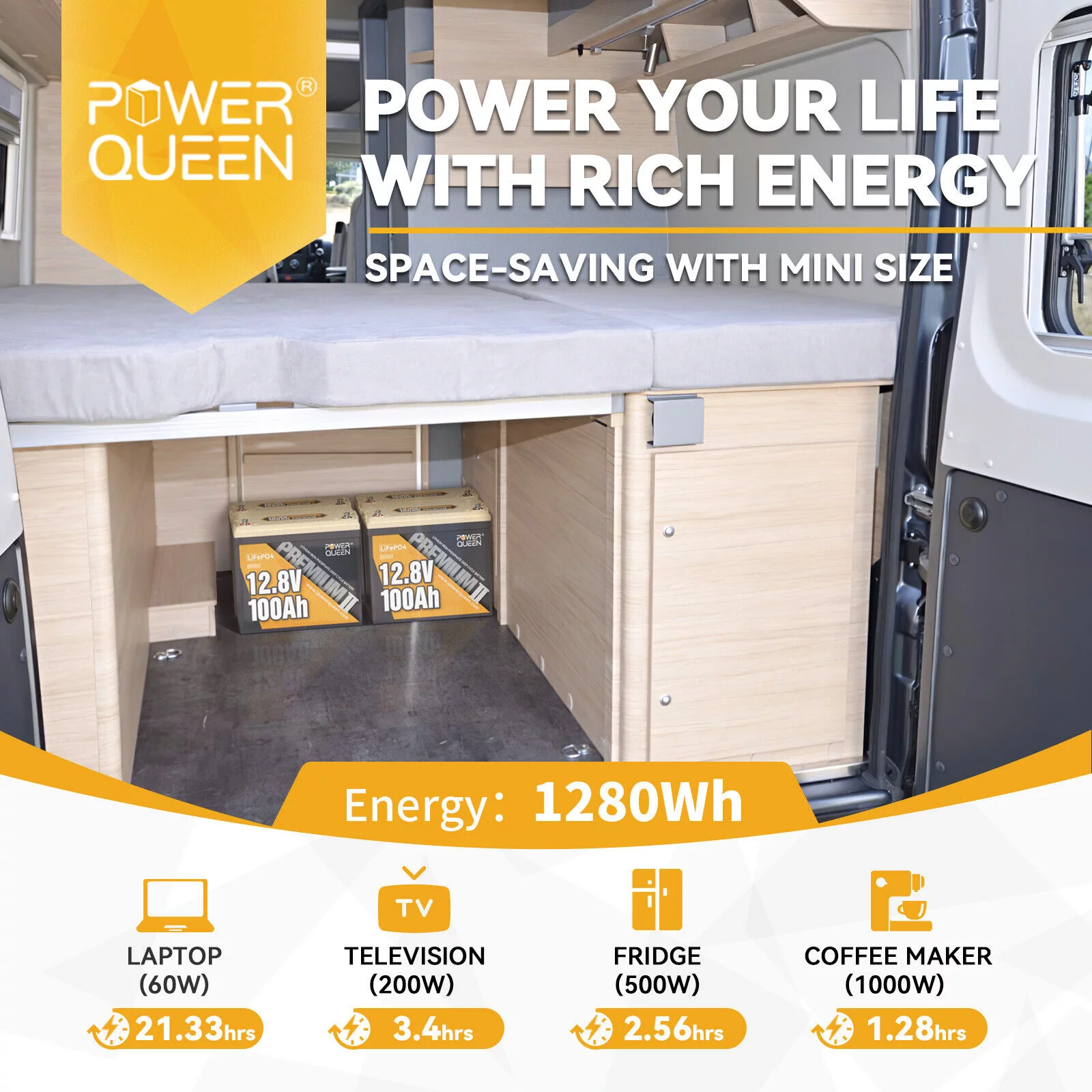 Power Queen 12V 100Ah Mini LiFePO4 Lithium Battery Deep Cycle 1280Wh BMS for Camper Boat Marine
