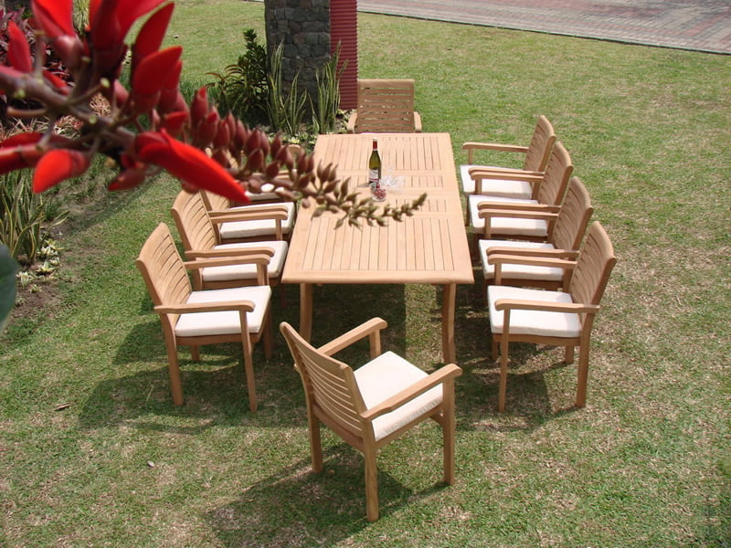 Teak Dining Set:10 Seater 11 Pc - Large 117" Rectangle Table and 10 Hari Stacking Arm Chairs Outdoor Patio Grade-A Teak Wood WholesaleTeak #WMDSHRb