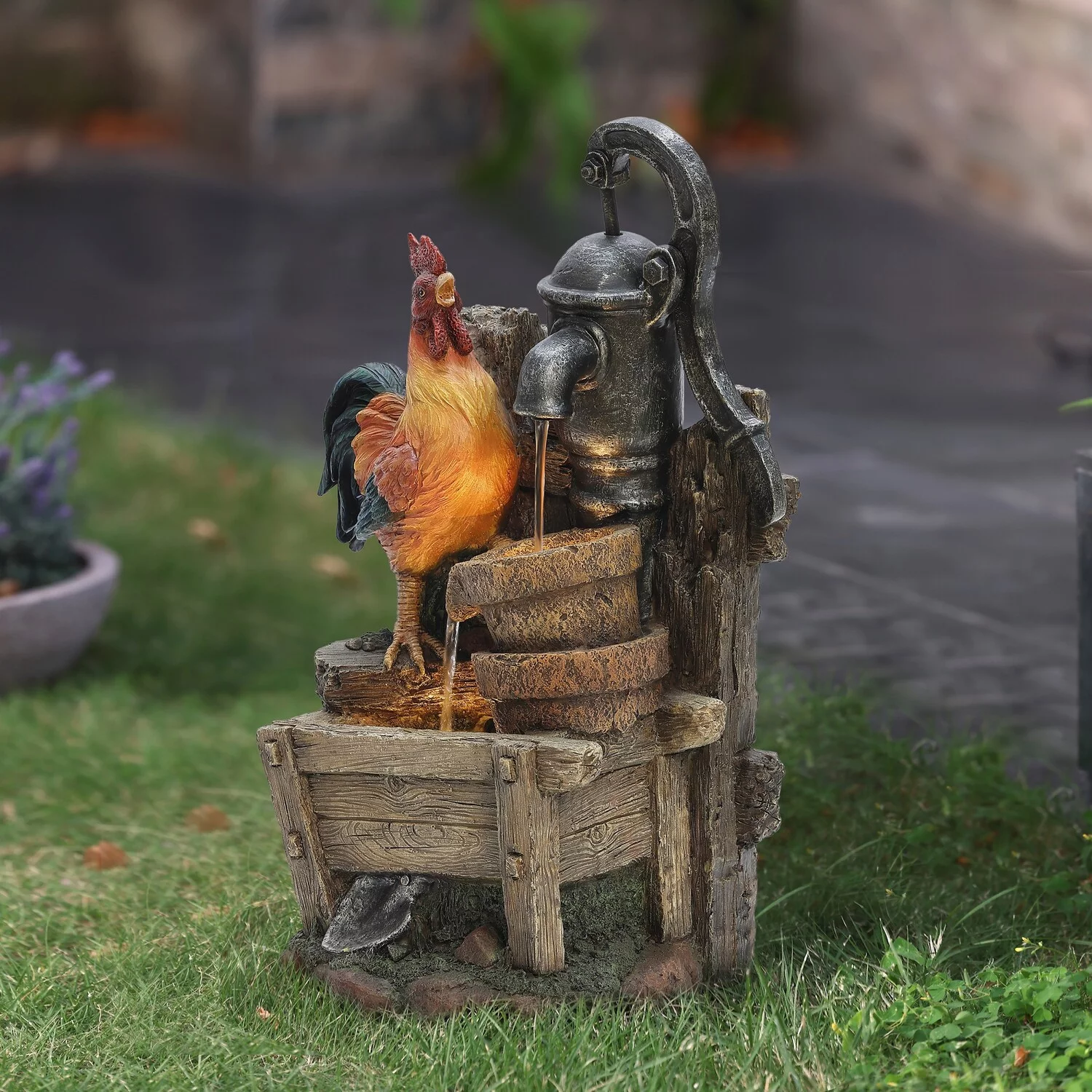 LuxenHome Farmhouse Pump and Rooster Resin Outdoor Fountain with LED Lights