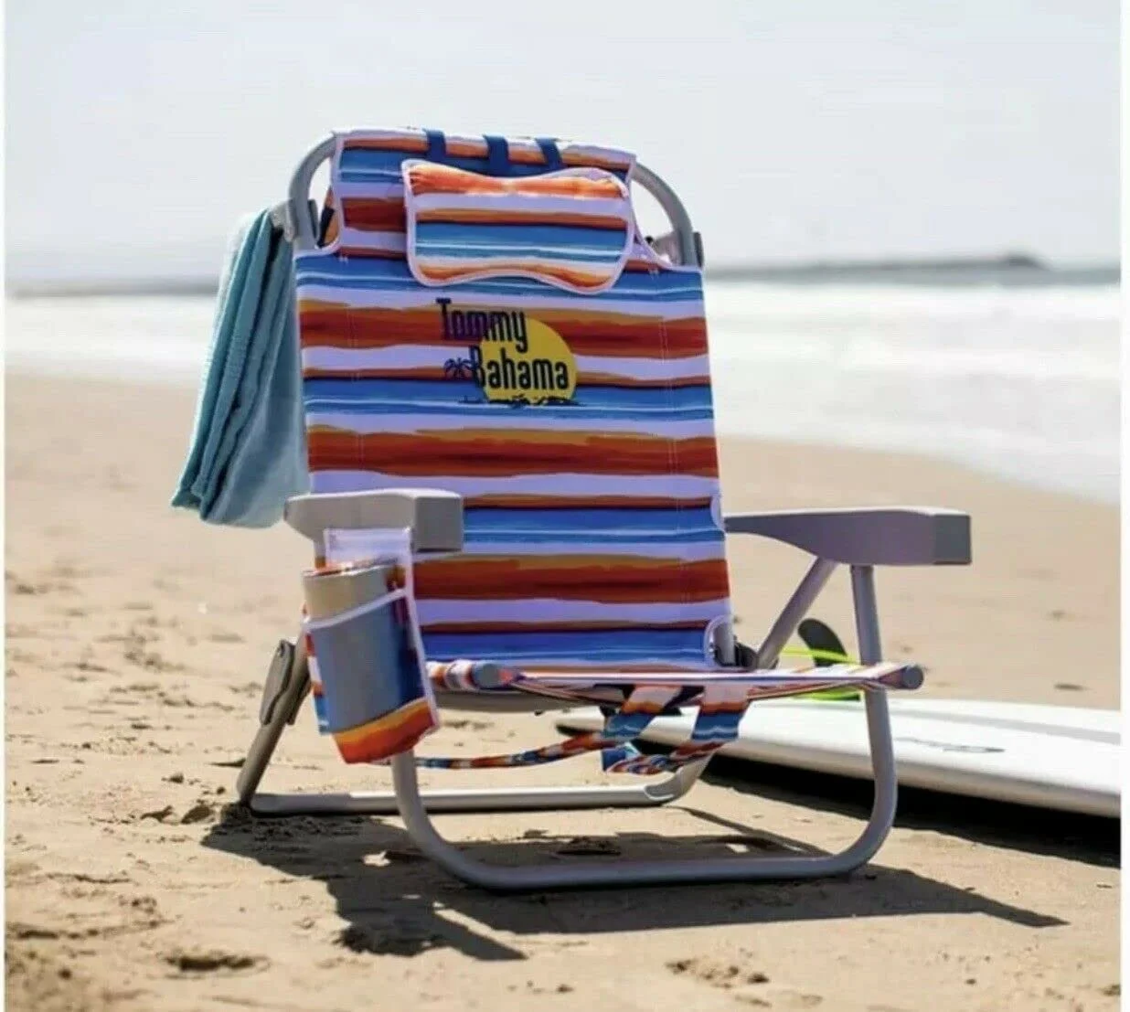 2 Pack Tommy Bahama Backpack Beach Chair with Cooler Storage Pouch and Towel Bar (Orange &Blue)