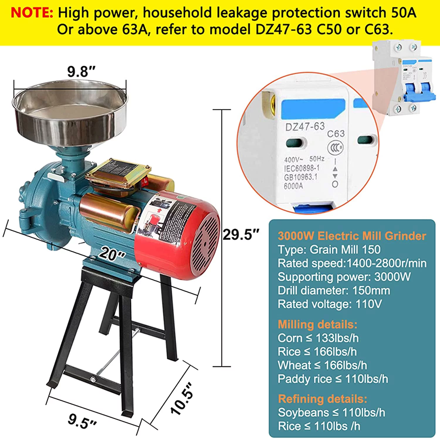 NAIZEA 110V Electric Grain Mill, 3000W Flour Mill Corn Cereals Grinder, Milling Rice Wheat Grain Coffee Maiz Feed, Dry Cereals Grinder W/Funnel