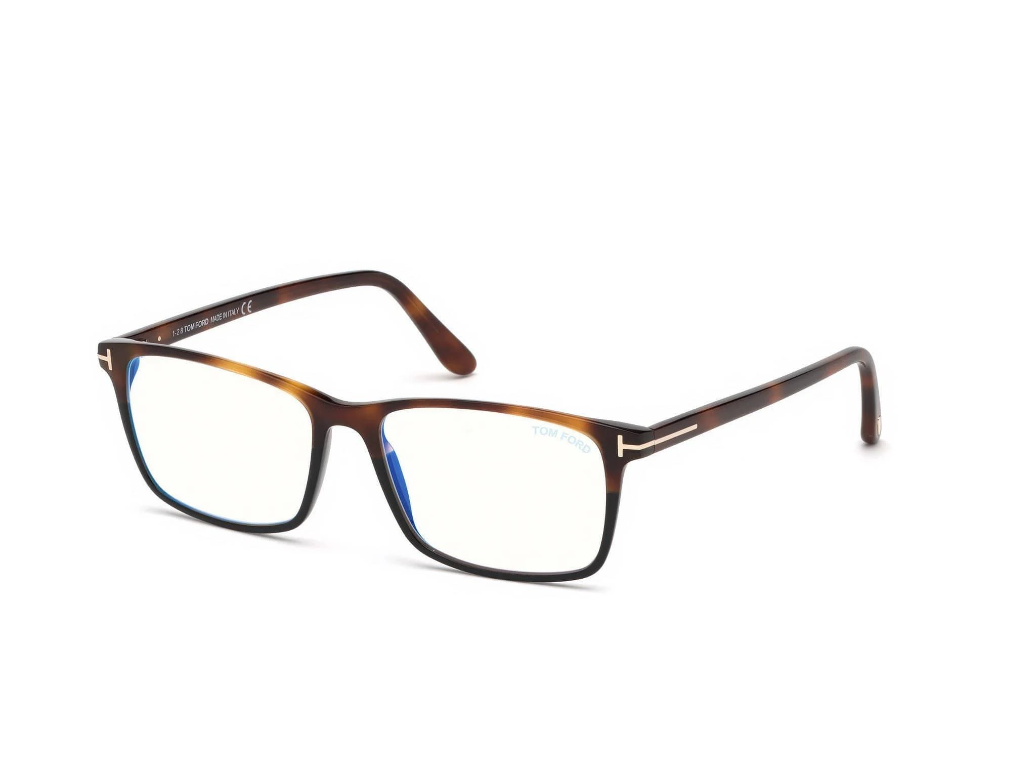 Tom Ford FT5584-B Shiny Medium Havana u0026 Black, Rose Gold T Logo / Blue Block Lenses