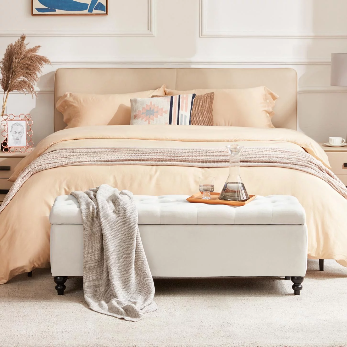 HUIMO 51" Ottoman with Storage, Large Storage Ottoman Bench with Button-Tufted, Bedroom Bench Safety Hinge Ottoman in Upholstered Fabrics, for Bedroom, Living Room,Cream