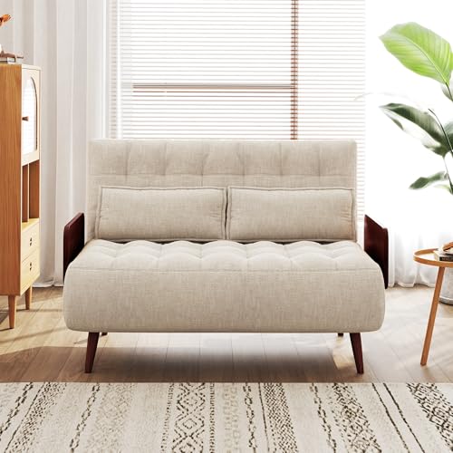 3-in-1 Convertible Chair Bed Sleeper for Adults, Linen Convertable Sleeper Chair with Wooden Arms & Pillows, Foldable Single Futon Sofa Bed (Mid Century with Walnut Arm, 36.6" Wide)