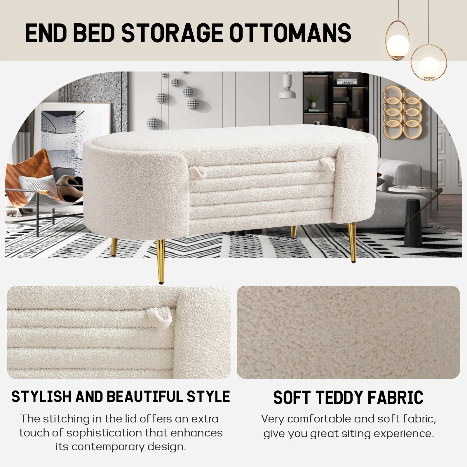 Sudwesto 45.3" Storage Ottoman Bench with Lift Top Design, Modern End of Bed Bench with Upholstered Sherpa Fabric, Toy Storage Bench for Bedroom, Living Room - Curated Treasures Market
