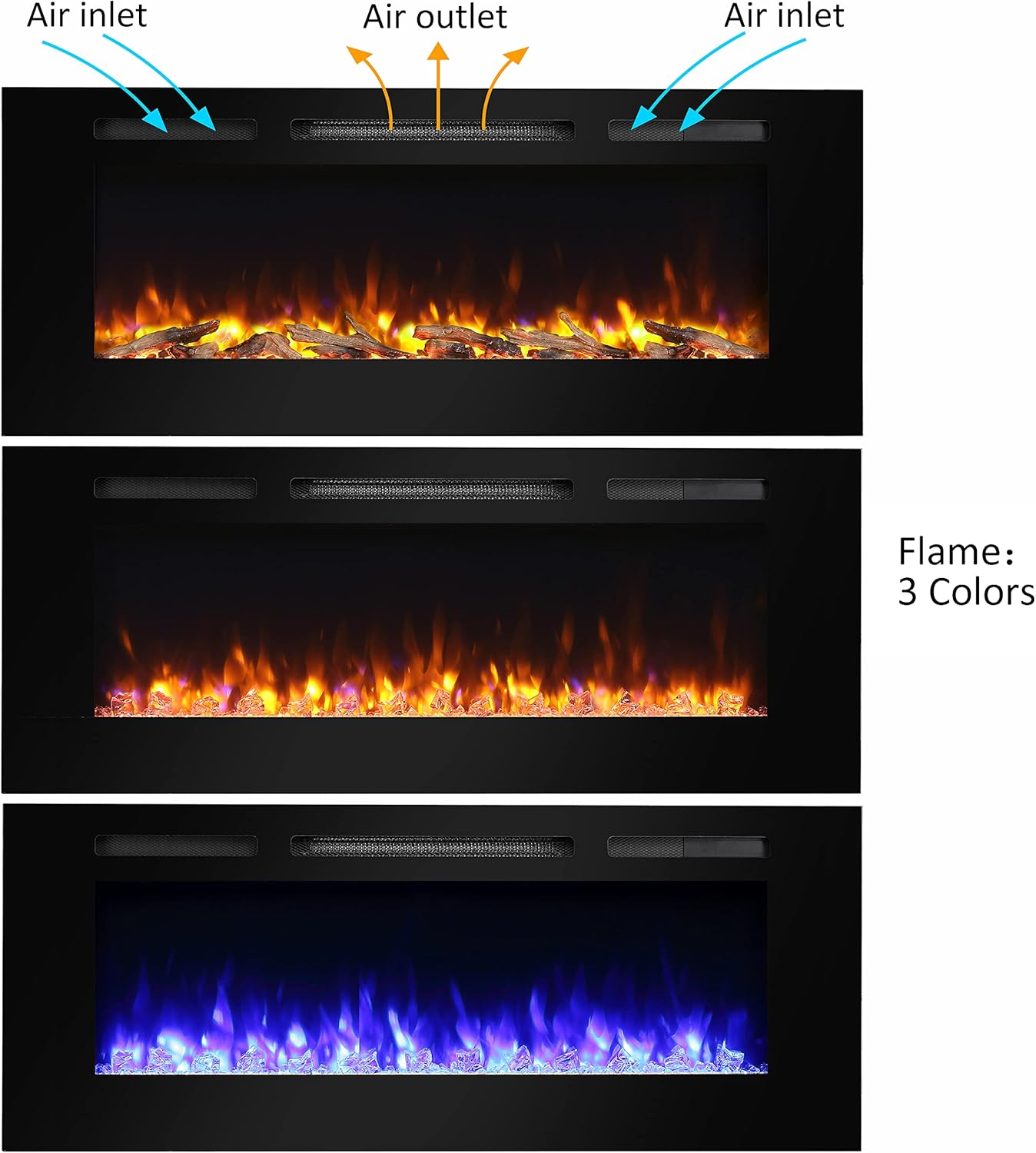 PuraFlame Alice 50 Inches Recessed Electric Fireplace, Flush Mounted for 2 X 6 Stud, Log Set & Crystal, 1500W Heater, Black