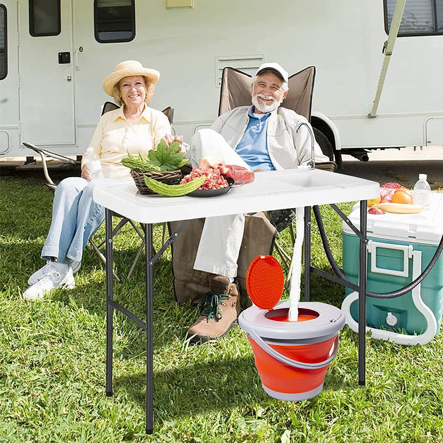 Portable Fish Cleaning Camping Table W/Sink & Faucet, Folding Lightweight & Adjustable Filet Workbench, Outdoor Kitchen Cooking Wash Hand Station for Picnic, Beach, RV, Grill, BBQ