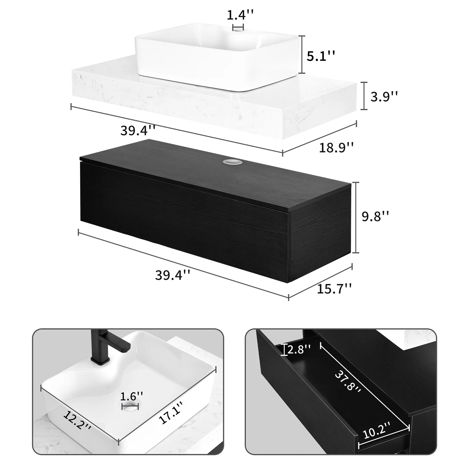 DEXTRUS 39.4'' Single Floating Bathroom Vanity , Wall Mounted With Drawer,Ceramic Sink Vessel