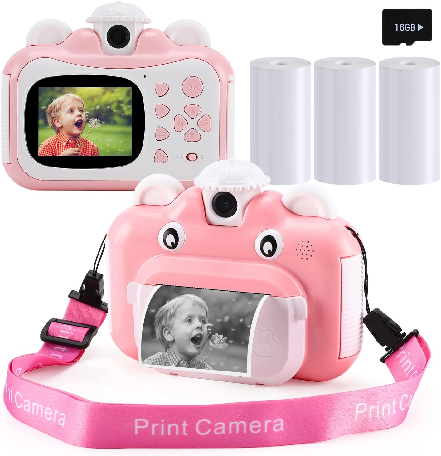 Barchrons Instant Print Digital Kids Camera 1080P Rechargeable Kids Camera for Girls Video Camera with 32G SD Card Gift for 6-12 Years Old Girls Boys Merry Christmas