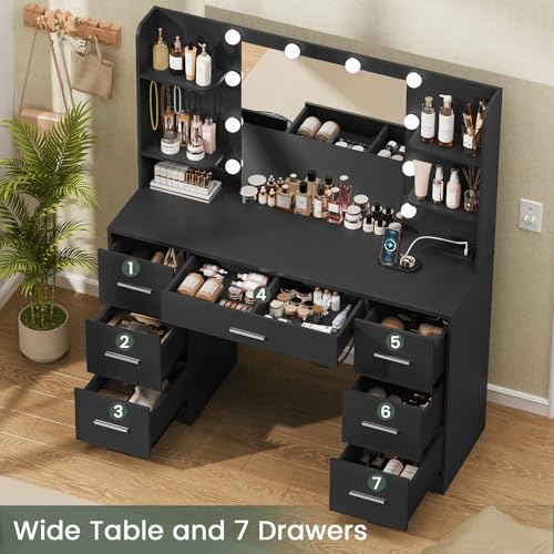 Quimoo Large Vanity Desk with LED Lighted Mirror & Power Outlet,Makeup Vanity Table with 7 Drawers,4 Shelves and 5 Hooks,Vanity Table, Vanity Desk Set for Bedroom,Bathroom,White