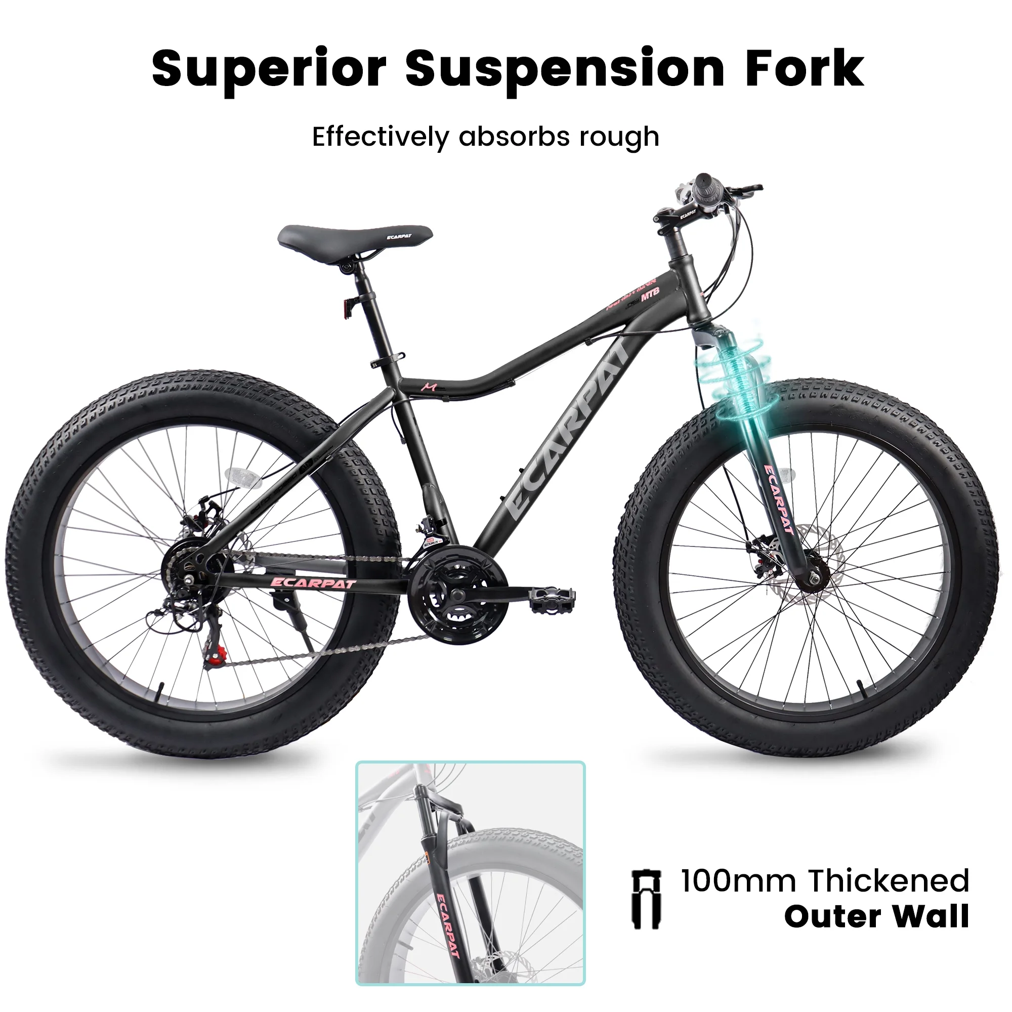 Ecarpat 26 Inch Fat Tires Mountain Bike, 4-Inch Wide Wheel, 21-Speed Disc Brakes, Mens Womens Trail Beach Snow Commuter City Mountain Bike, Carbon Steel Frame Front Fork Bicycles