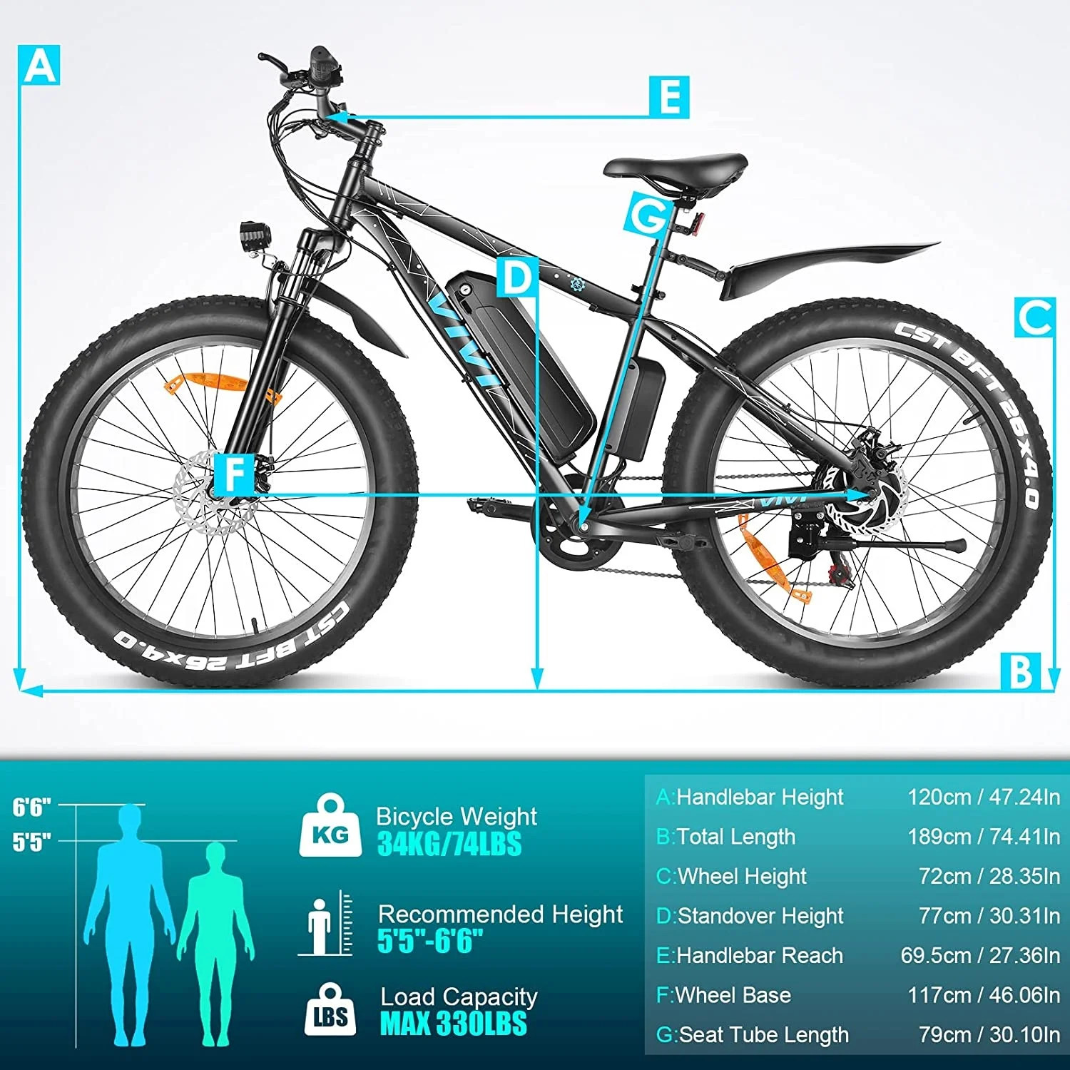 Vivi Electric Bike 26 x 4.0 Fat Tire Electric Bike 500W All Terrain Electric Bike 50 Miles Long Range Electric Mountain Bike Beach Bike Snow Bike