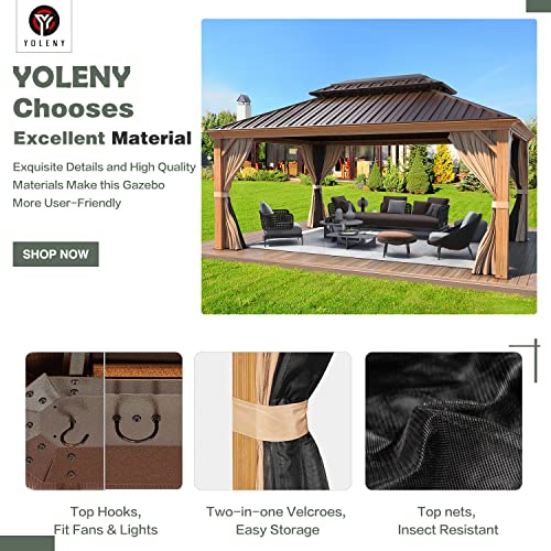 YOLENY 10' x 12' Hardtop Gazebo, Wood-Looking Gazebo with Galvanized Steel Double Roof, Aluminum Frame, Permanent Metal Pavilion with Netting and Curtains for Deck, Backyard, Patio and Lawns