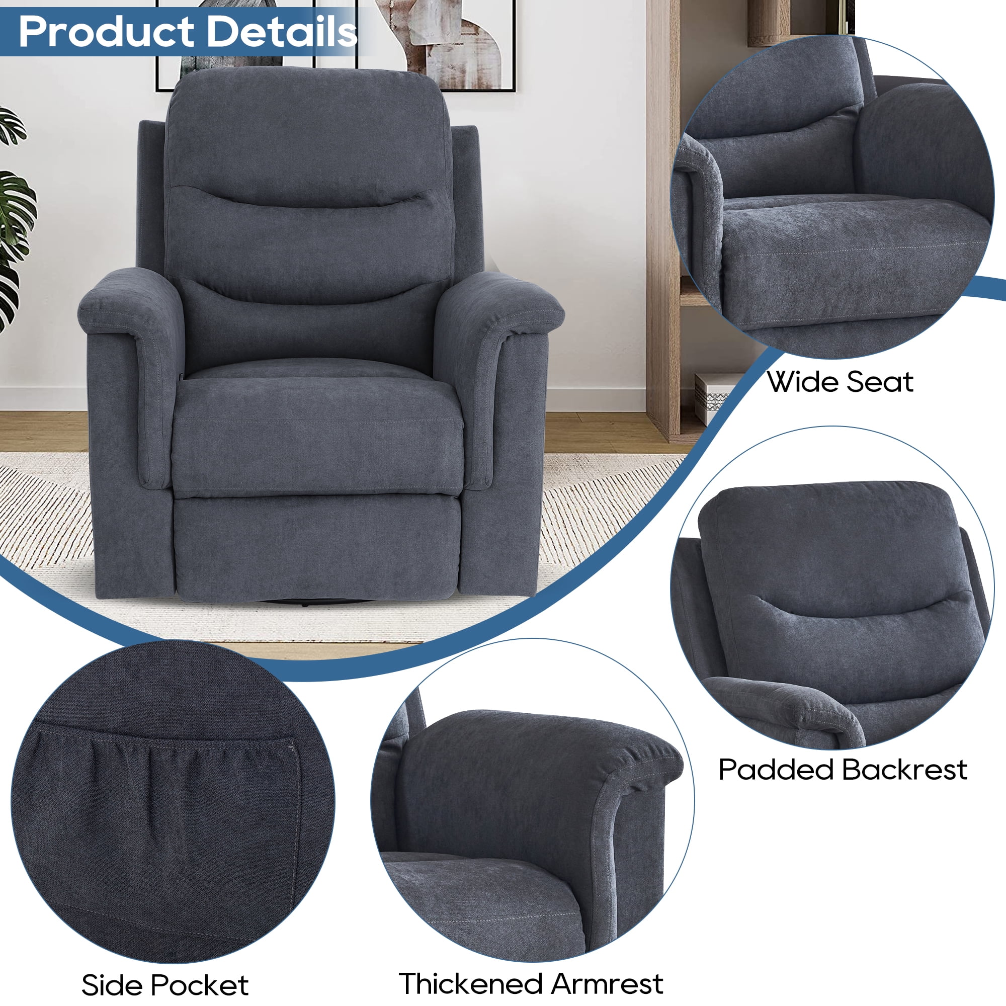 LVUYOYO Swivel Rocker Recliner Chair, Recliner Chair for Adults, Velvet Manual Rocking Chair with 360°Swivel and 30°Rocker, Rocking Chair Nursery Recliners for Living Room,Grey