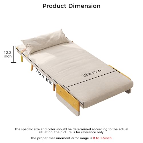 3-in-1 Convertible Chair Bed Sleeper for Adults, Linen Convertable Sleeper Chair with Wooden Arms & Pillows, Foldable Single Futon Sofa Bed (Mid Century with Walnut Arm, 36.6" Wide)