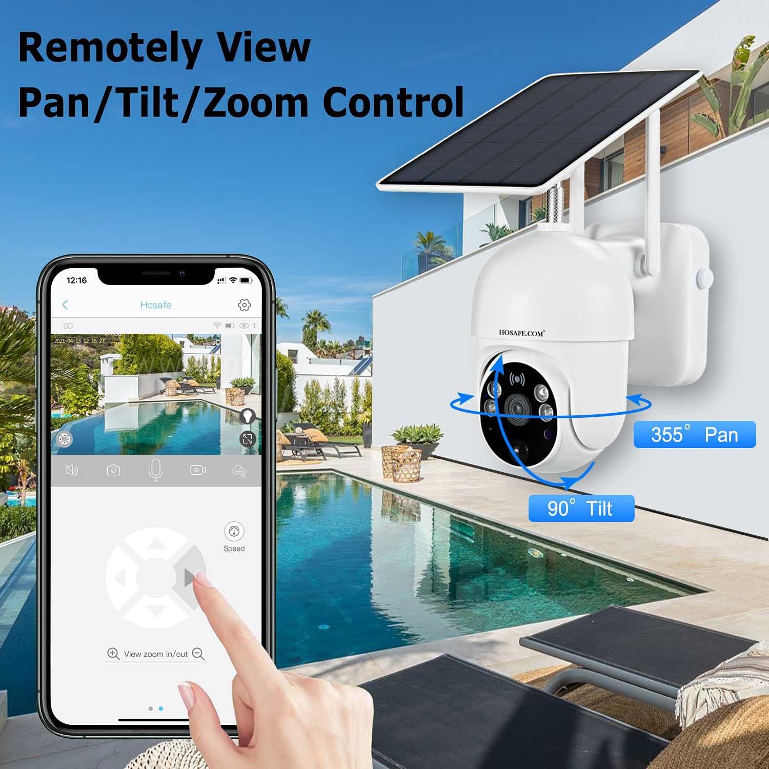 Security Camera Outdoor Wireless WiFi Solar Battery Powered, HOSAFE Pan/Tilt Video Surveillance Cameras for Home Security, Color Night Vision, 2-Way Audio, Motion Detection, Waterproof, Cloud Storage