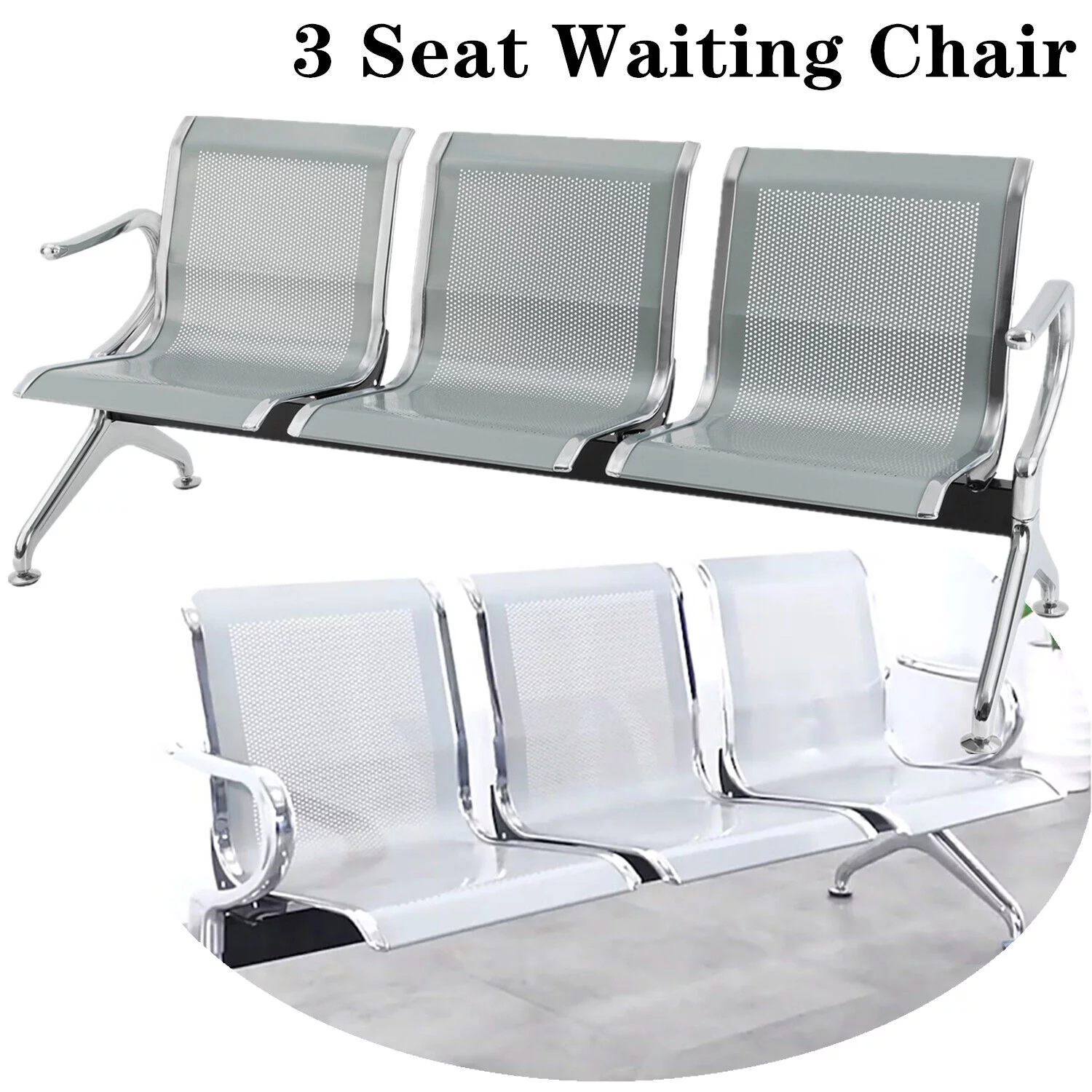 Miumaeov Office Reception Chair 3-Seat Guest Reception Chairs Waiting Room Chairs Steel Reception Bench with Arms for Airports Hospitals Barber Stores Silver