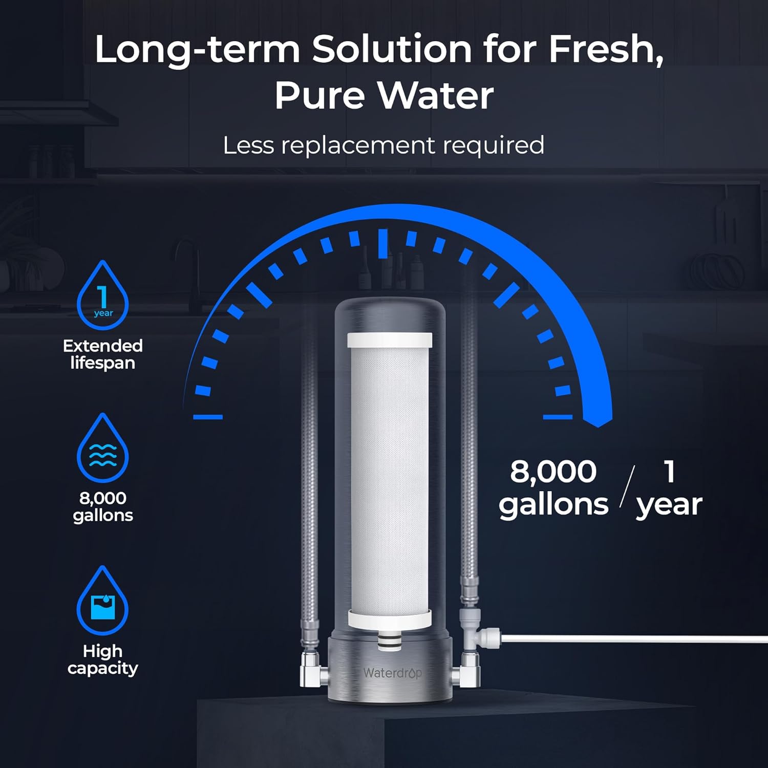 Waterdrop TST-UF + AP13 0.01μm Ultra-Filtration Under Sink Water Filter, Stainless Steel, 5X Service Life,Remove 99.99% of Contąminants Larger Than 0.01μm