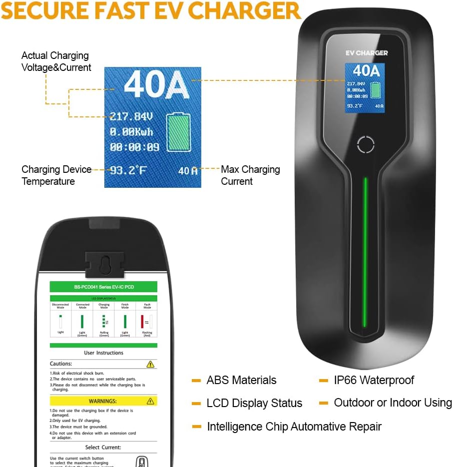 BESENERGY Level 2 EV Charger 40 Amp with NEMA 6-50 Plug 20 feet Cord 240V J1772 Charging Cable Portable
