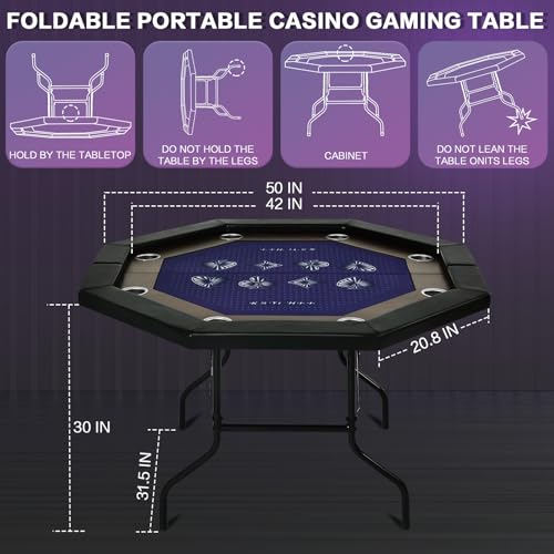 8 Players Poker Table Foldable,50inch Upgraded Folding Octagon Casion Table, Portable Texas Holedem Table w/Stainless Steel Cup Holders, Water-Resistant Cushioned Rail (Brown)