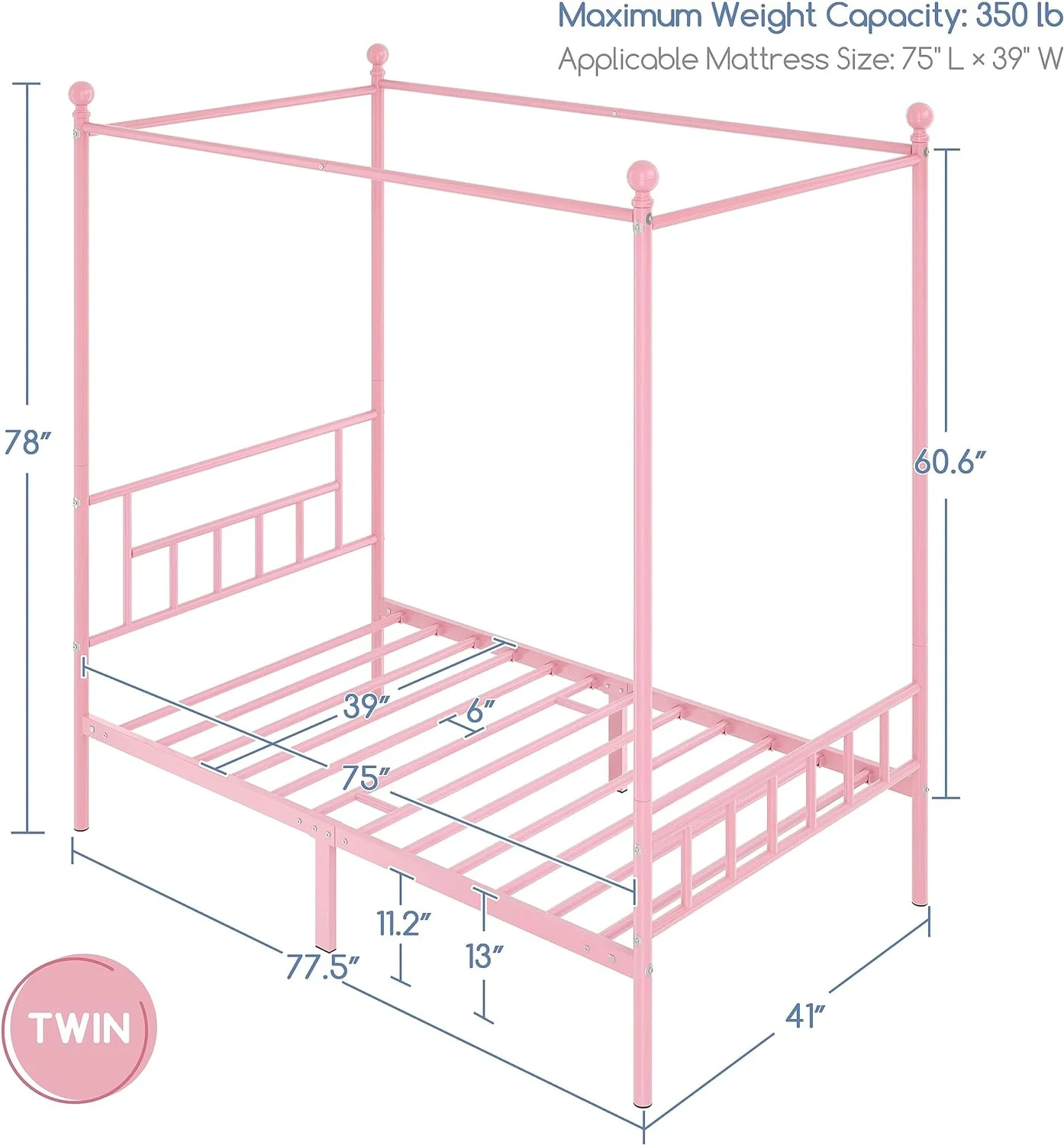 Twin Canopy Bed Frames Metal Platform Bed Frame Four-Poster Canopied Bed Mattress Foundation with Headboard and Footboard Sturdy Slatted Structure Easy Assembly No Box Spring Needed Pink