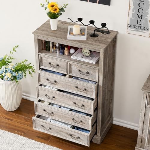 Dresser for Bedroom with Charging Station & LED Light,Tall Dresser & Chests of Drawers with 6 Drawers,Vintage Gray