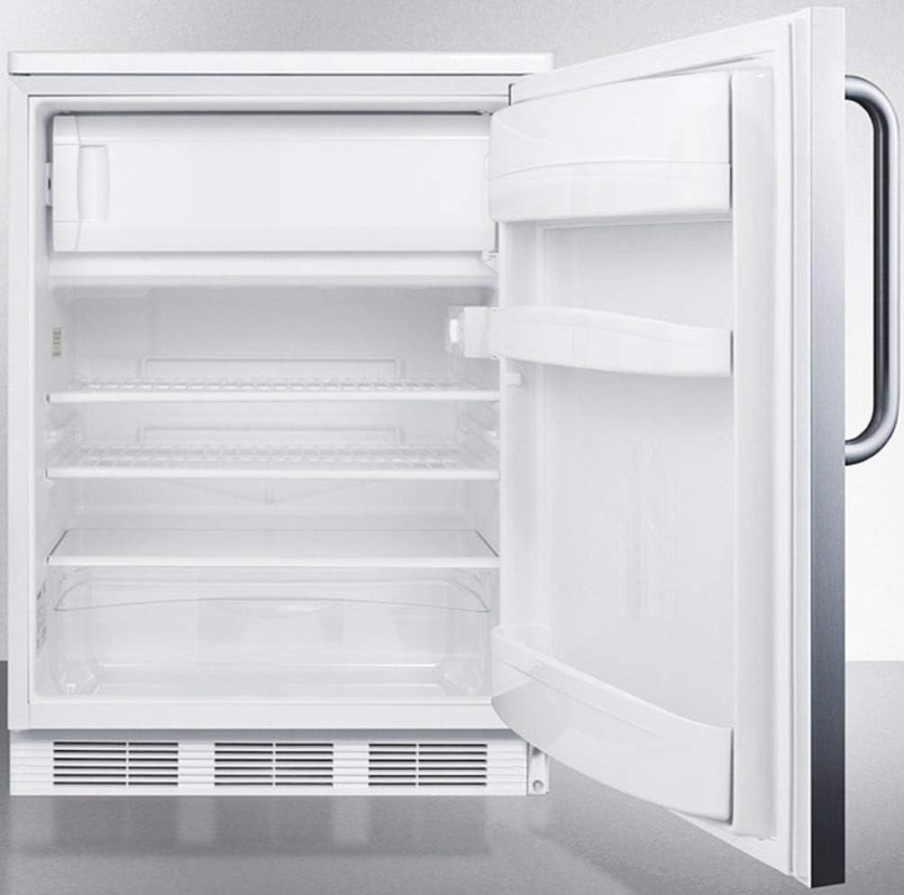 Summit Appliance CT66LWBISSTB Built-in Undercounter Refrigerator-Freezer for General Purpose Use with Lock, Dual Evaporator Cooling, Stainless steel Door, Towel Bar Handle and White Cabinet
