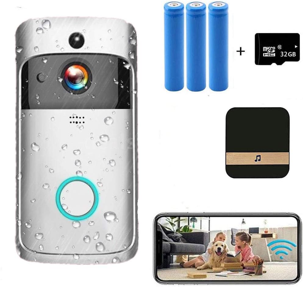 Doorbell Video Doorbell Camera Door Bell, With Smart PIR Motion Detection, Real-time Notification, Night Vision with Two-Way Conversation, Including 32GB SD Card and Batterys (Upgraded to 2021)(Black)