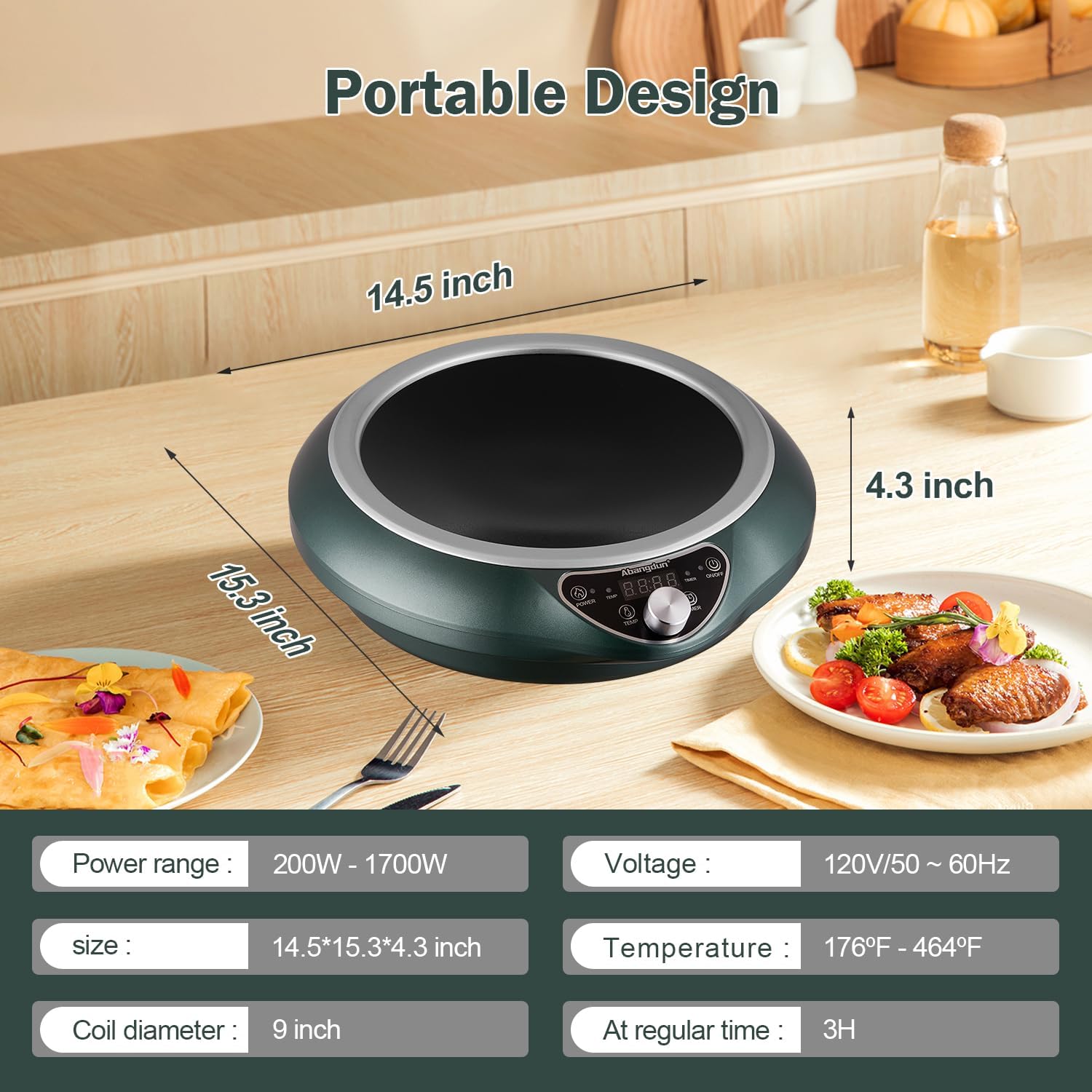 Induction Wok Cooktop 1700W 120V Concave Induction Cooker Wok Burner(Authentic 13.4-inch 304 Stainless Steel Cooking Wok Pan Included) Electric Stove Hot Plate with Large Coil