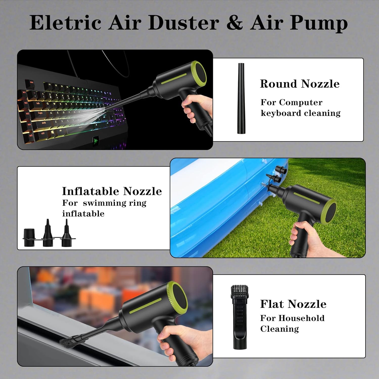 2 in 1 Compressed Air Duster , Multi-Use Electric Air Duster for Computer Keyboard Cleaning, Dust, Hairs, 2 Speed Rechargeabl Air Blower & Air Pump, Reusable Duster Replaces Compressed Air Cans…
