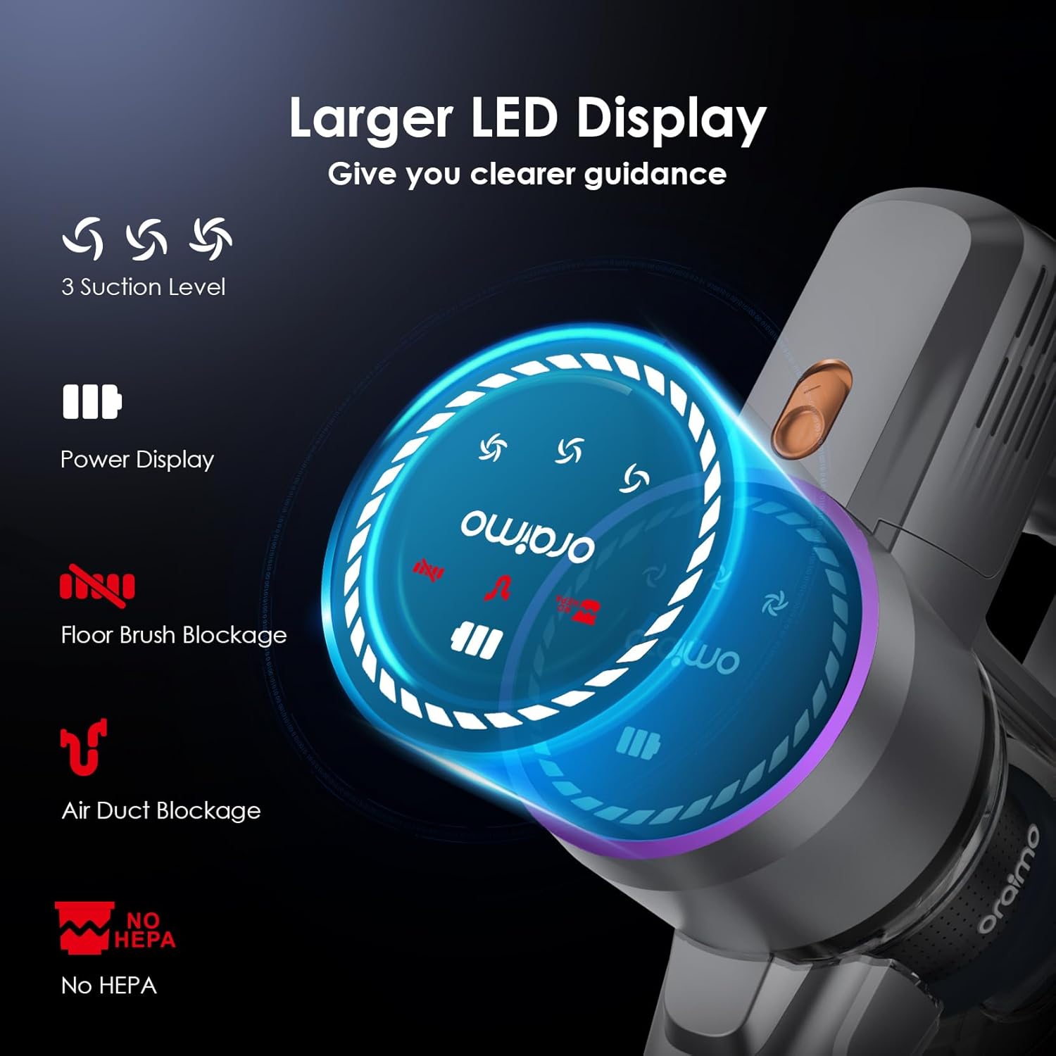 Oraimo Cordless Vacuum, 270W 24Kpa Powerful Stick Vacuum with 45min Detachable Battery,LED Display,Anti-Tangle Vacuum Cleaner for Home, Wireless Vacuum for Pet Hair/Carpet/Hard Floor(Gold)