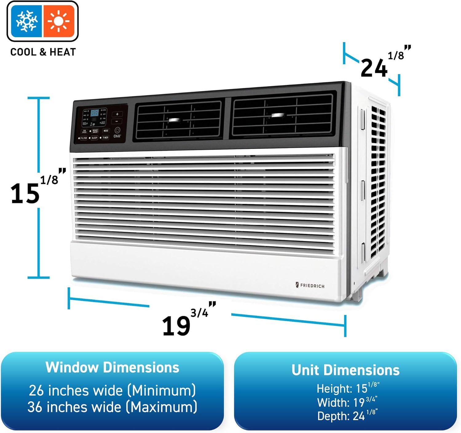 Friedrich CEW08B11B Chill Premier Smart Air Conditioner Window Unit, WiFi Mobile Control, White, Heating & Cooling Capacity (8,000 BTU)