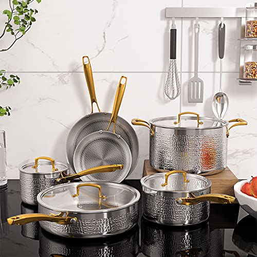 Homaz life Pots and Pans Set, Tri-Ply Stainless Steel Hammered Kitchen Cookware