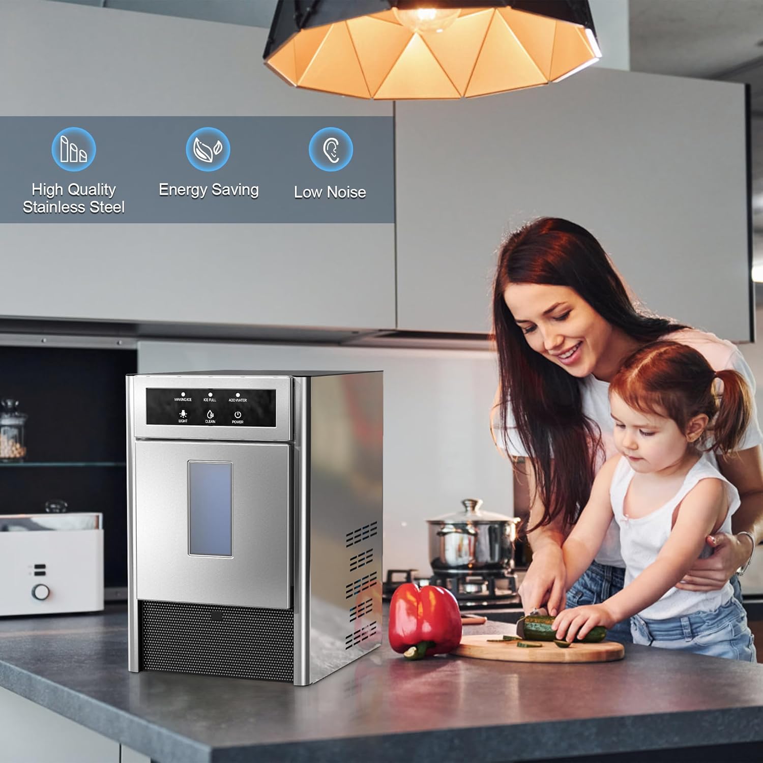 Nugget Ice Maker Countertop, 44 lbs/Day Chewable Ice Maker, One-Click Operation, Two Ways add Water, Self-Cleaning Sonic Ice Maker for Home, Office, Kitchen, RV, Basement Bars