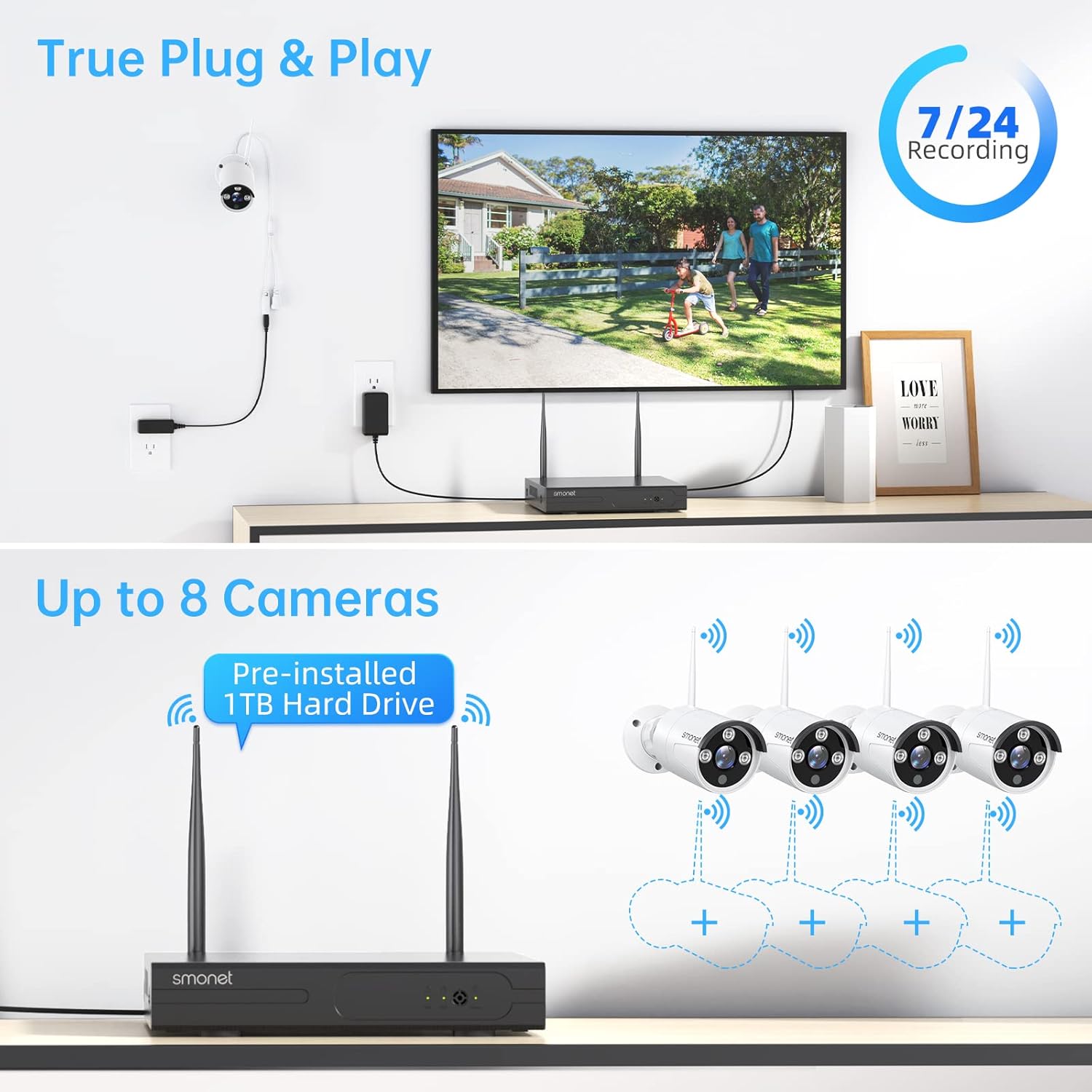 3MP Wireless Security Camera System with AUDIO,SMONET 8 Channel WiFi Home Surveillance NVR Kits,4Pcs 3MP Outdoor Indoor CCTV Cameras,Clearer than 1080P,Night Vision,AI Human Detection,Free App,1TB HDD
