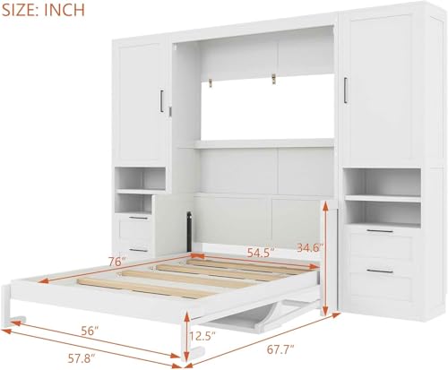 MERITLINE Full Murphy Bed with Desk and Storage 2 Closet,Drawers&Shelves, Wood Folding Murphy Wall Bed Cabinet for Adults (Full,White with Drawers)