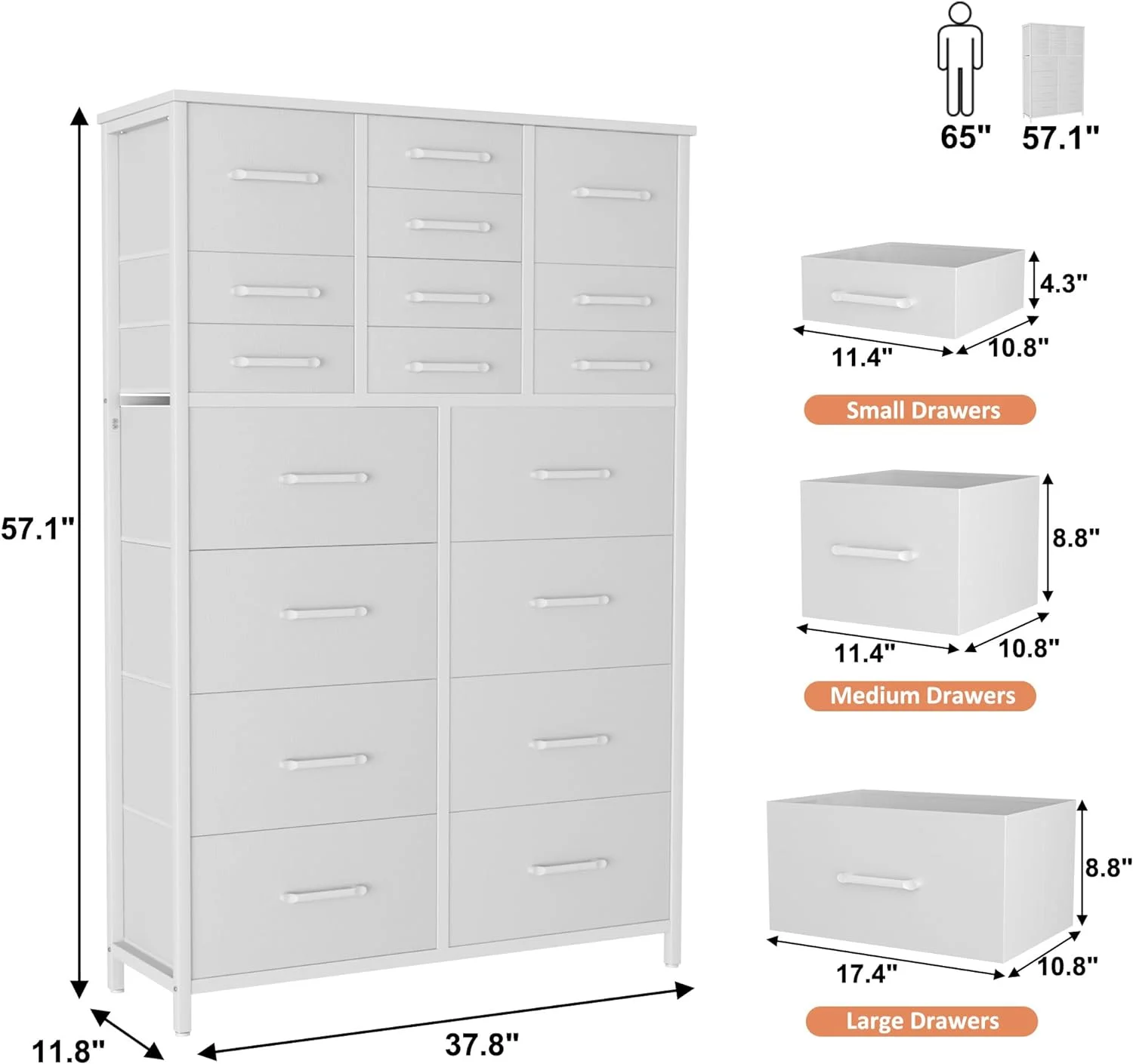 HOMEFORT 18 Drawer Dresser for Bedroom, 57" Tall Fabric Chest of Drawers, Large Capacity Storage Organizer Tower for Closet, Living Room, Hallway, Entryway, White