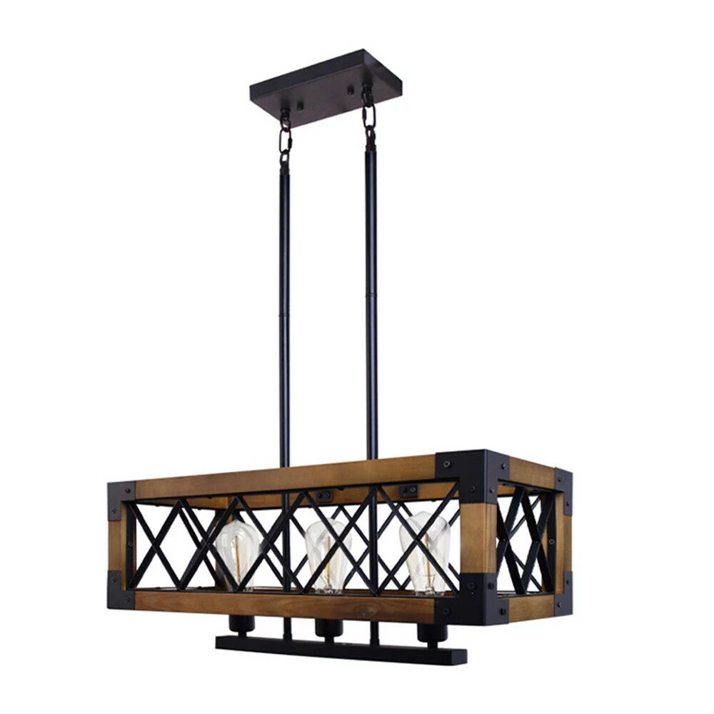 ZhdnBhnos 5-Lights Retro Farmhouse Chandelier Kitchen Island Pendant Light Fixture Wooden Rectangle Hanging Ceiling Lamp
